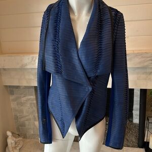 Le Fee Verte Royal Blue Draped & Pleated Genuine Leather Jacket Size Small